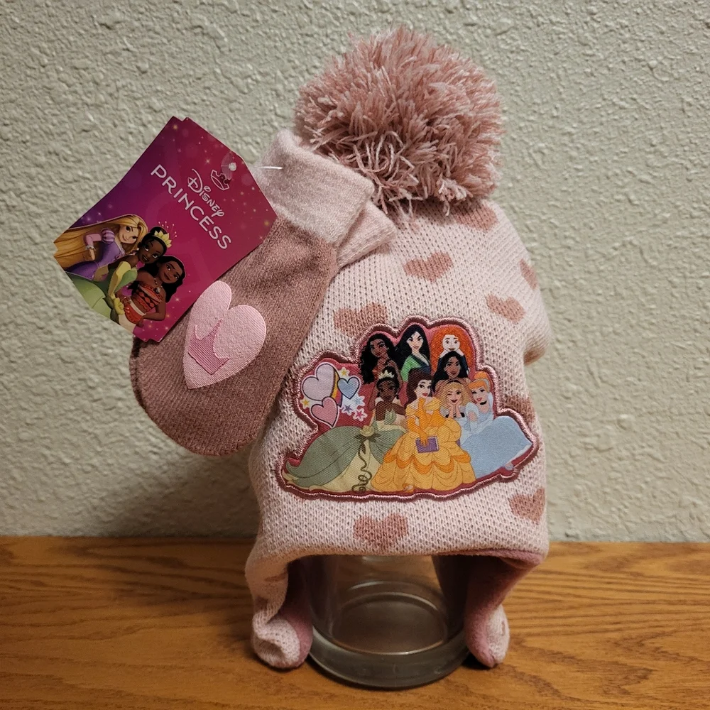 NWT Disney Princess Pink Knit Pom Pom Beanie and Mittens